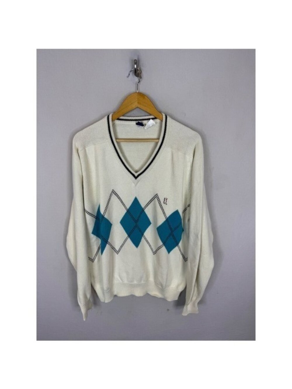 Vintage PGA Tour Argyle Sweater Mens XL Cream Teal V-Neck Cotton Hong Kong